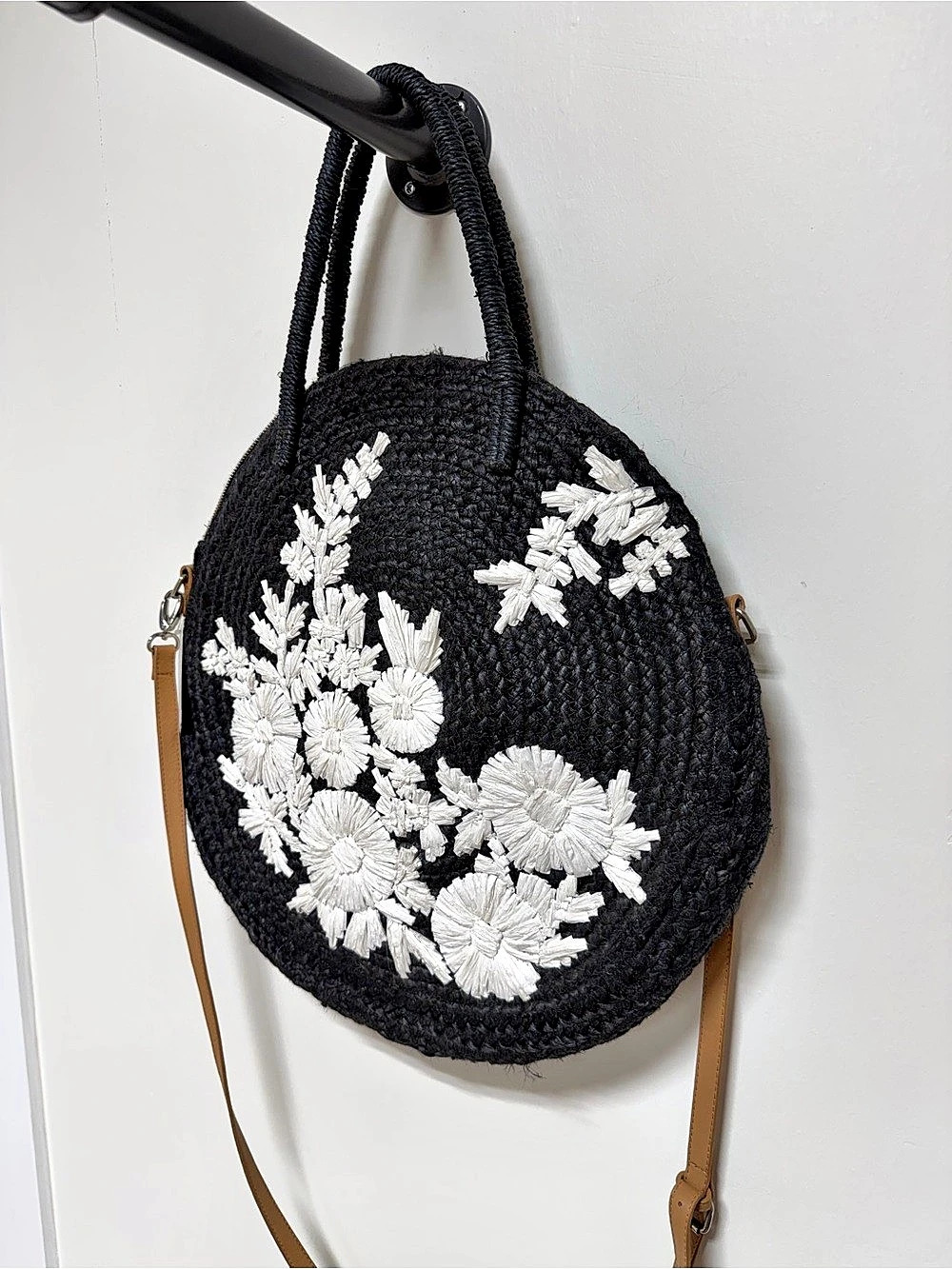 Anthropologie Black & White Floral Woven Round Crossbody Bag